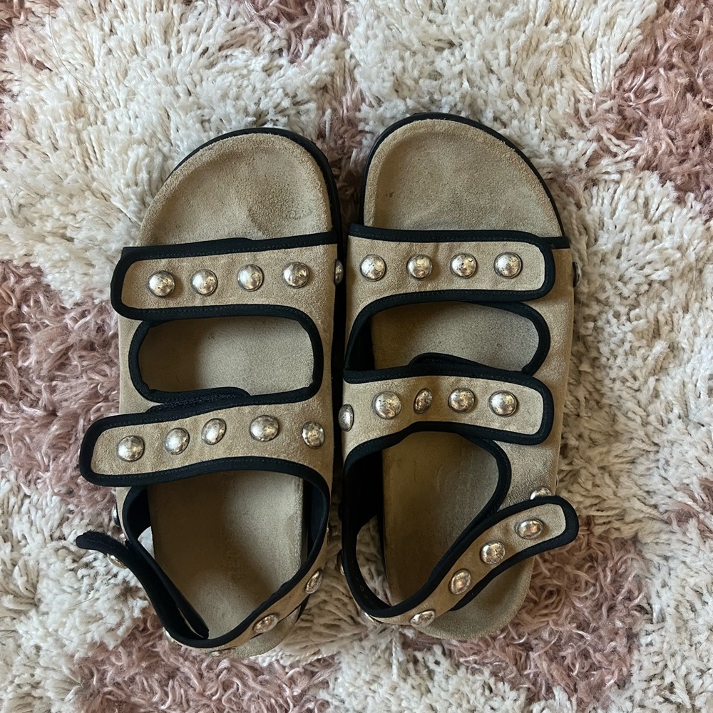 Freda Salvador Tan and Black Sandals with Metallic Studs